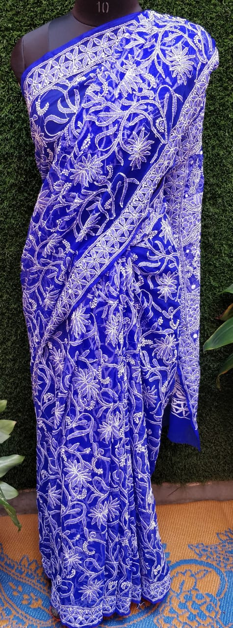 Dark Blue Chikankari shops Lucknowi Silk Saree| Stylebypanaash