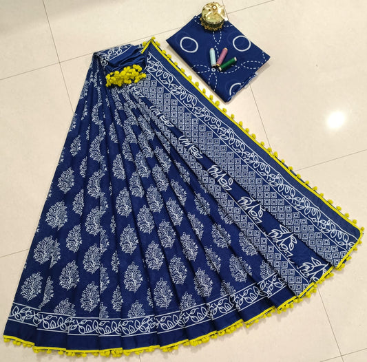 Pure Mulmul Cotton hand block Print Saree with Blouse