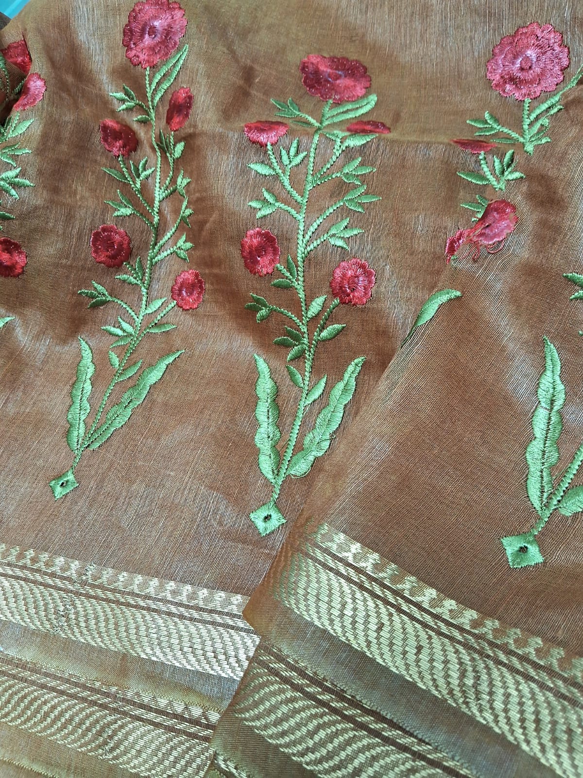 Pure Kota Linen Silk Hand Embroidery Work Saree With Blouse.