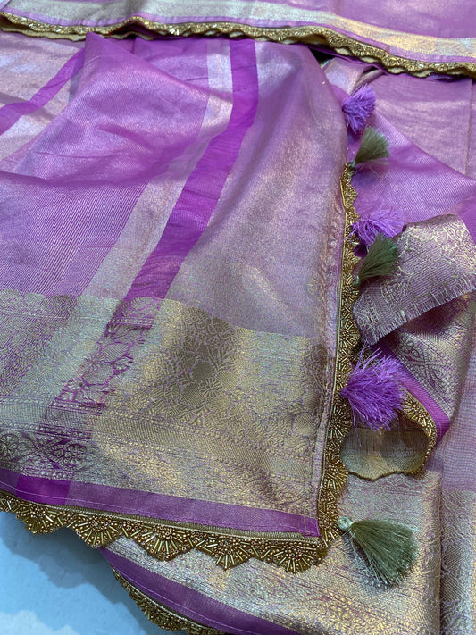 Banarasi Tissue Silk Saree With  Heavy Lace Work Running blouse