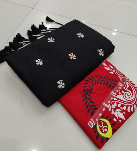 Pure  Khaddi Cotton Saree  With  Hand Printed  Blouse