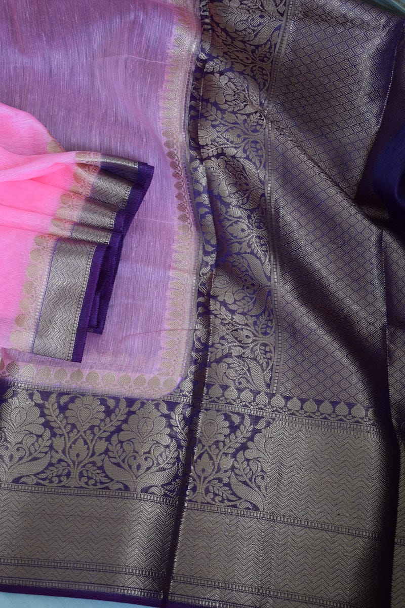 Pure Banarasi Linen Silk Border Saree With Blouse