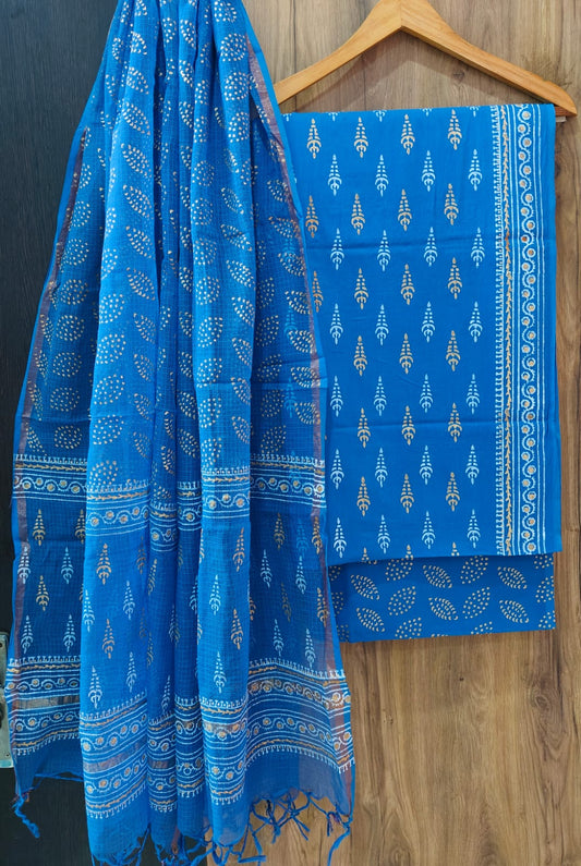 Pure Cotton Hand Block Print Suit With Kota Doriya Dupatta