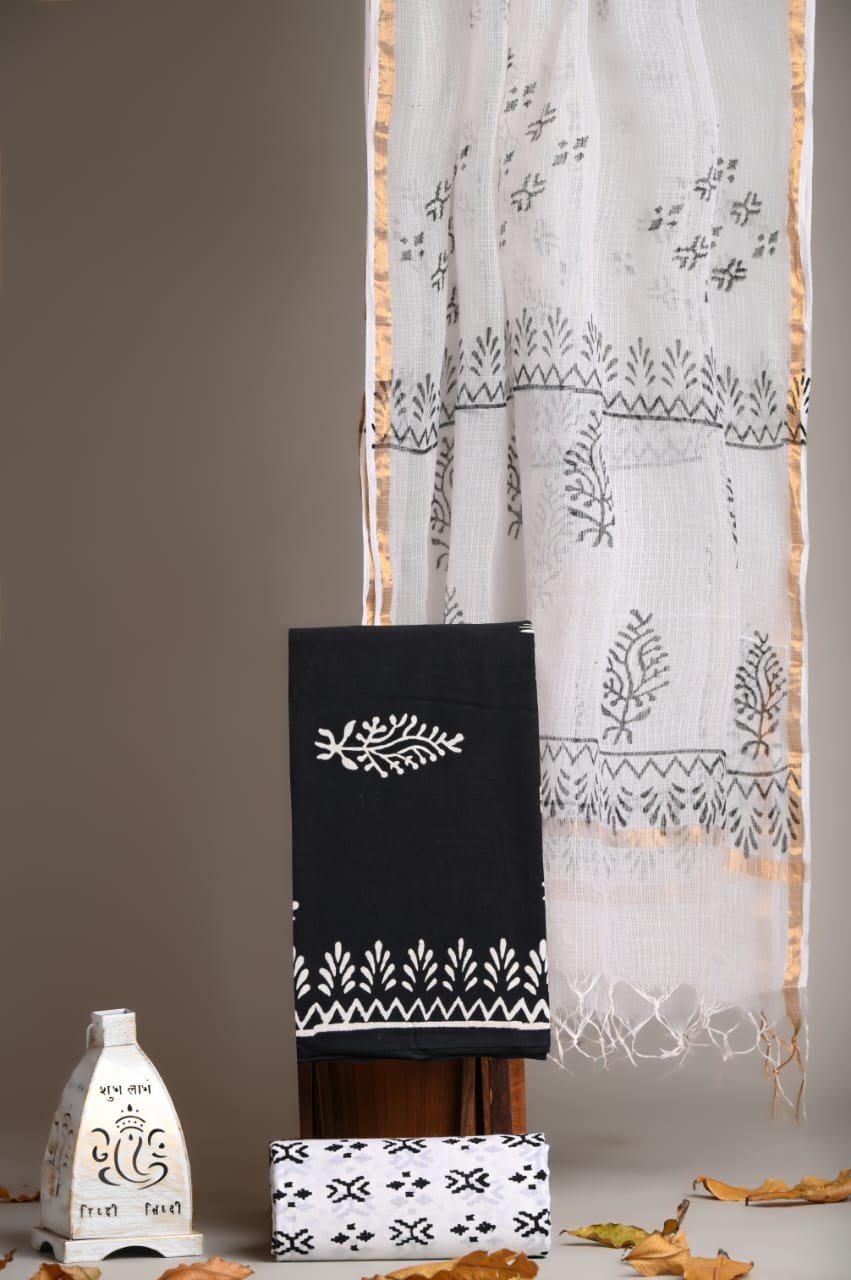 Pure Cotton Hand Block Printed Suit With Kota Doria Dupatta