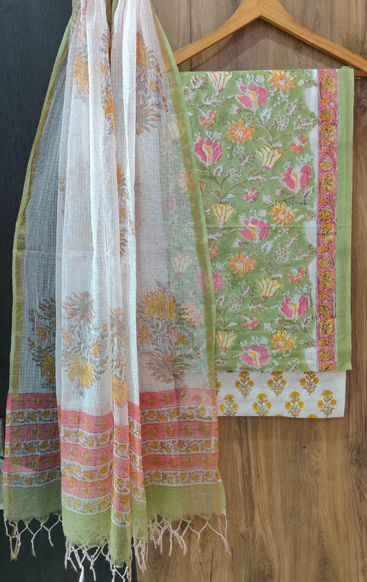 Pure Cotton Hand Block Print Suit With Kota Doriya Dupatta