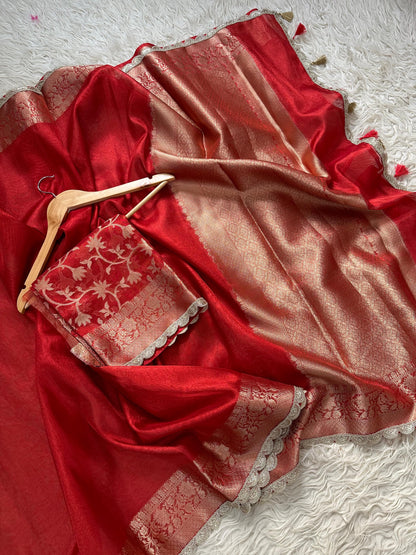 Banarasi Tissue Silk  Heavy Lace Saree With Blouse