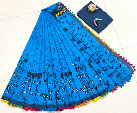 Pure Mulmul Cotton hand block Print Saree with Blouse