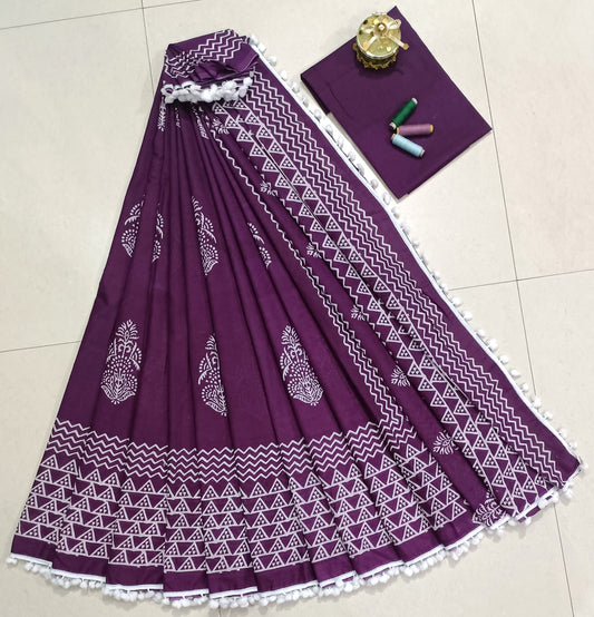 Pure Mulmul Cotton hand block Print Saree with Blouse