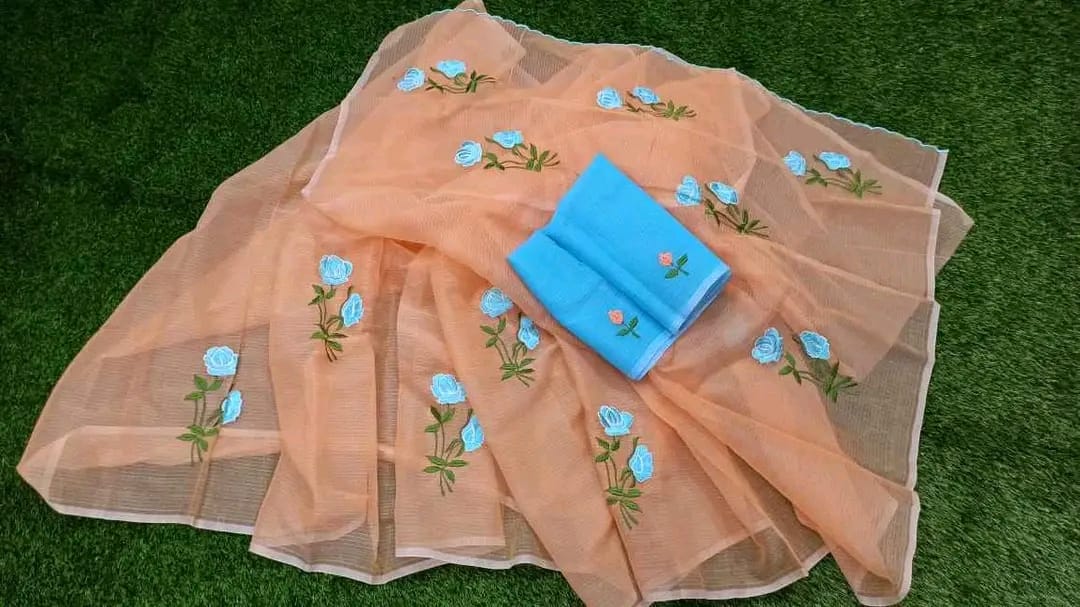 Kota-Doria Saree with Blouse and embroidery work