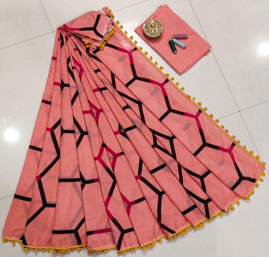 Pure Mulmul Cotton hand block Print Saree with Blouse