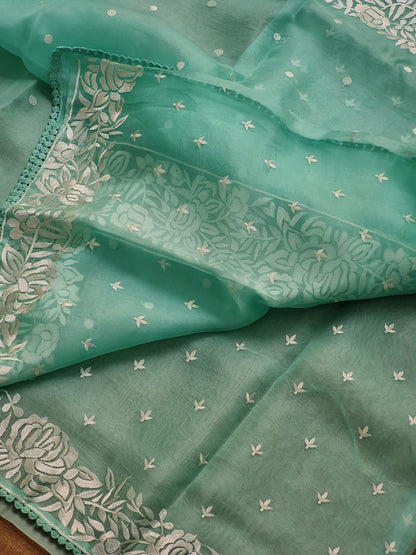 Pure Organza Silk  Parsi Embroidery Work Saree With Heavy Blouse