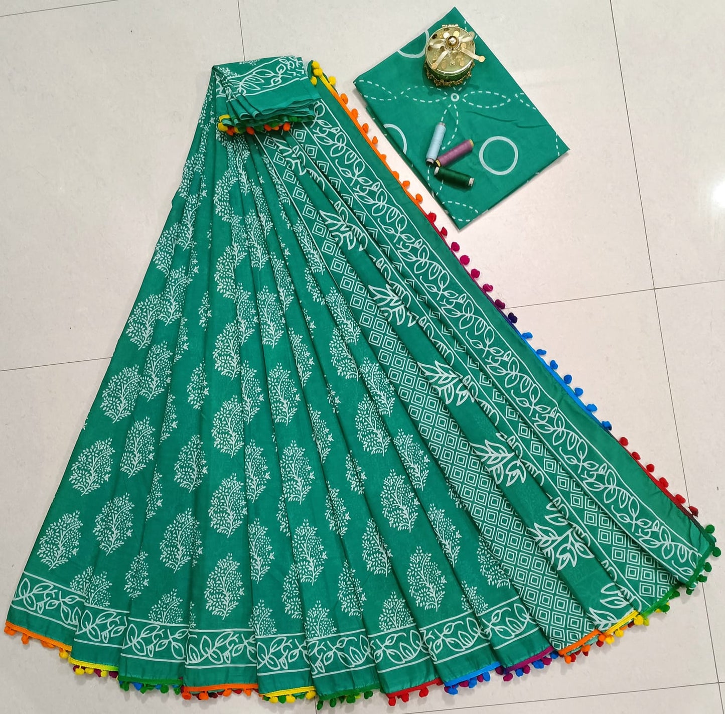 Pure Mulmul Cotton hand block Print Saree with Blouse