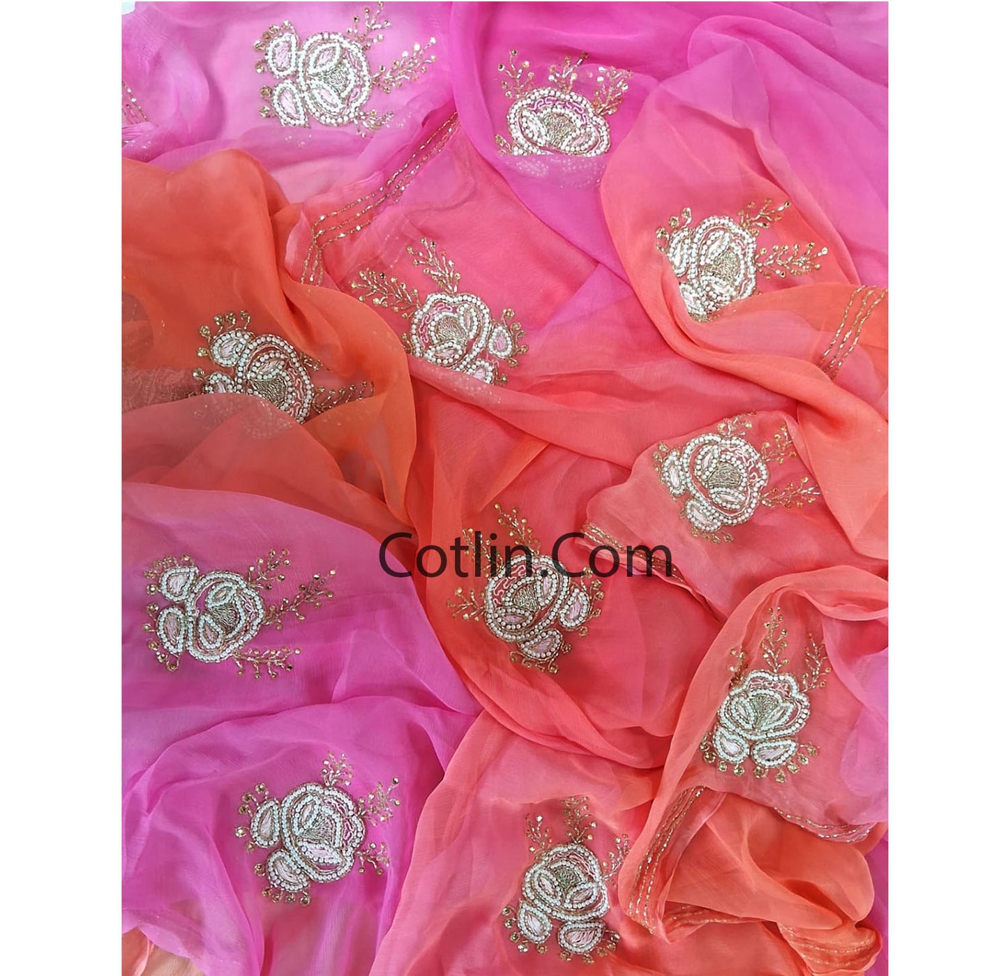 Designer Pure jaipuri Chiffon Saree with 15 Big Flower Motif