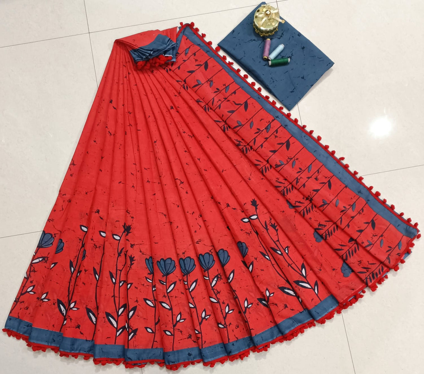 Pure Mulmul Cotton hand block Print Saree with Blouse