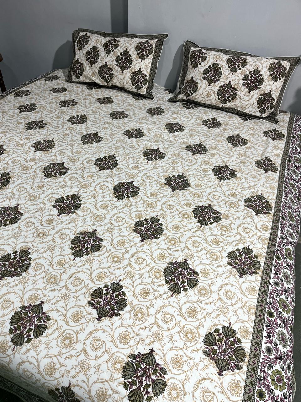 Pure Cotton Hand Block Print Double Bedsheet. ( 90 X 108) with pillow covers