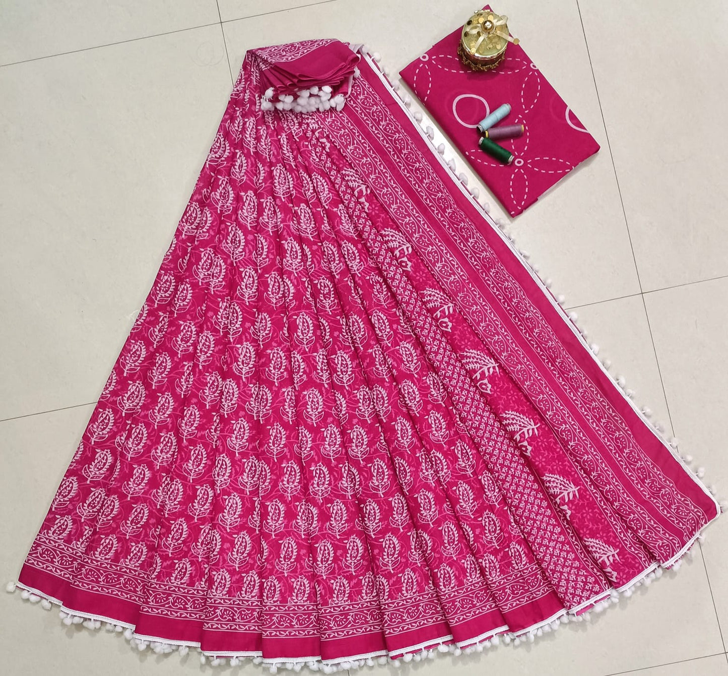 Pure Mulmul Cotton hand block Print Saree with Blouse