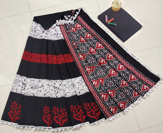 Pure Mulmul Cotton hand block Print Saree with Blouse