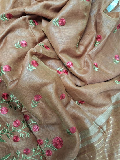 Pure Kota Linen Silk Hand Embroidery Work Saree With Blouse.