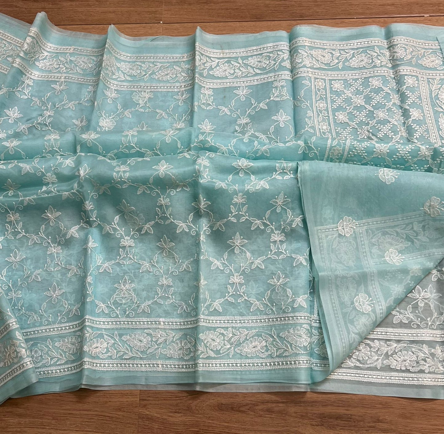 Pure organza silk chikankari work  saree with blouse