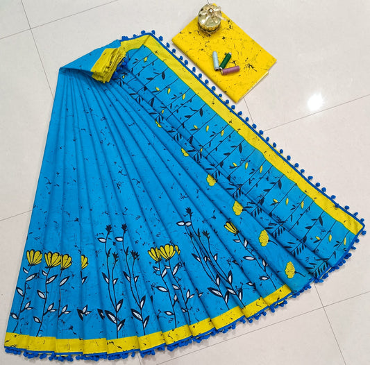 Pure Mulmul Cotton hand block Print Saree with Blouse