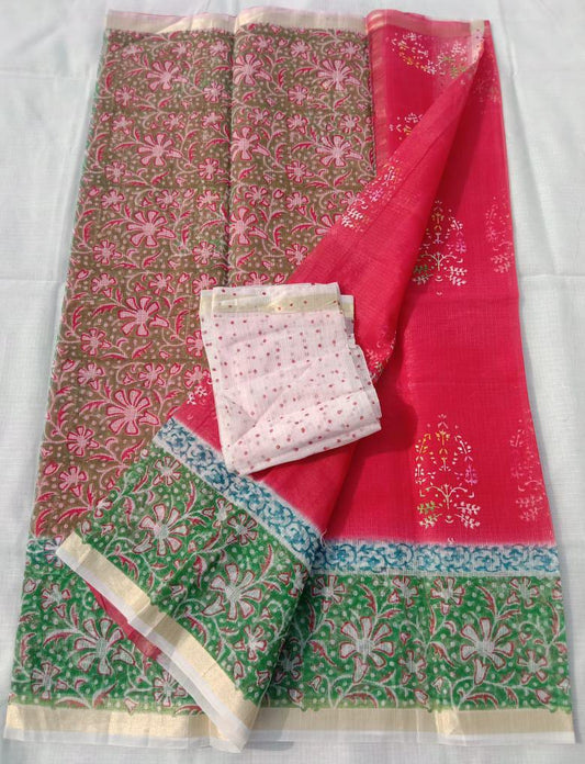 Beautiful Kota Cotton 3D Block Print Work Saree