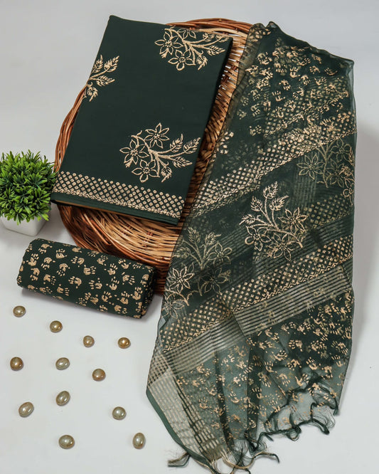 Pure Cotton Unstitched Suit With Organza Silk Dupatta