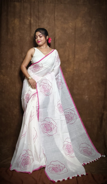 Beautiful Cotton Mulmul Saree With Running Blouse