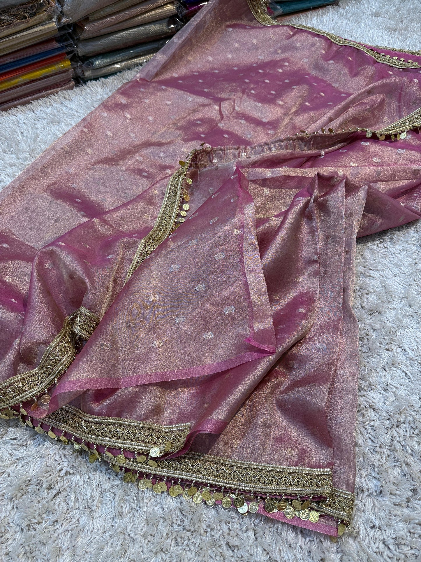 Banarasi Tissue Booti Silk Saree With Coin lace Hand Work