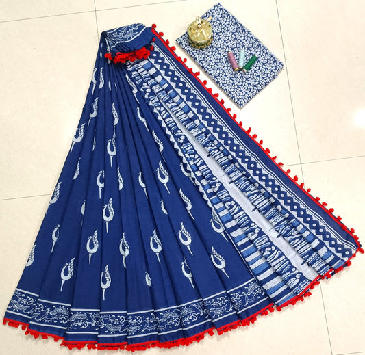 Pure Mulmul Cotton hand block Print Saree with Blouse