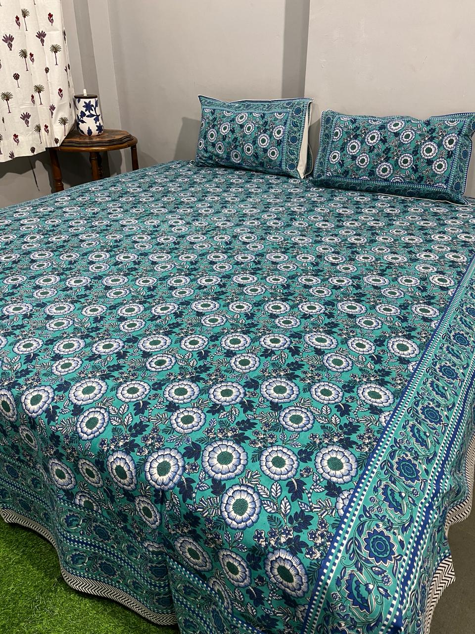 Pure Cotton Hand Block Print Double Bedsheet. ( 90 X 108) with pillow covers