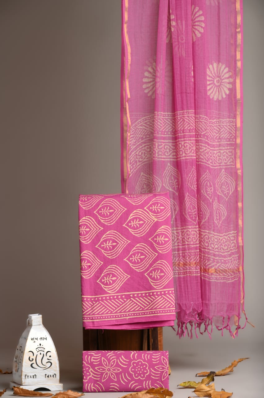 Pure Cotton Hand Block Printed Suit With Kota Doria Dupatta