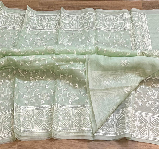 Pure organza silk chikankari work  saree with blouse