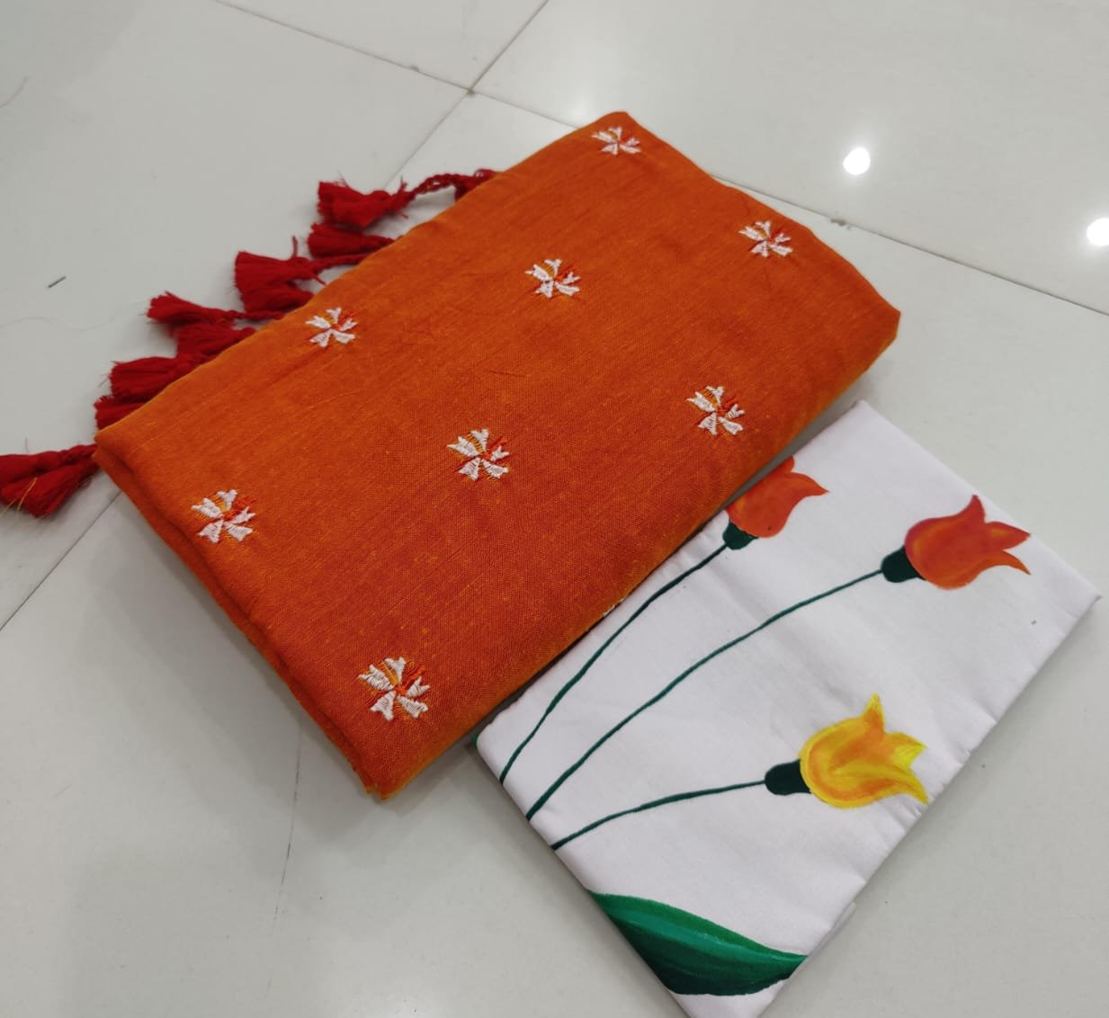 Pure  Khaddi Cotton Saree  With  Hand Printed  Blouse