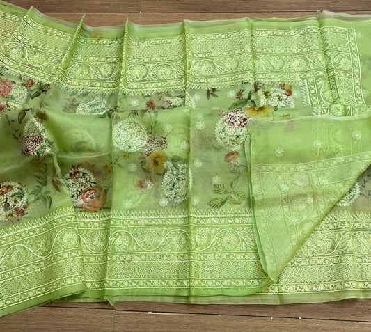 Pure organza silk chikankari work  saree with blouse