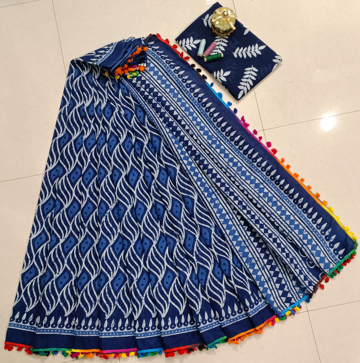 Pure Mulmul Cotton hand block Print Saree with Blouse