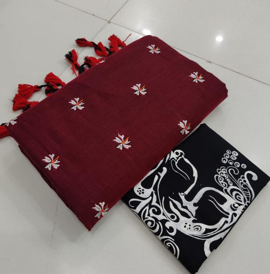 Pure  Khaddi Cotton Saree  With  Hand Printed  Blouse