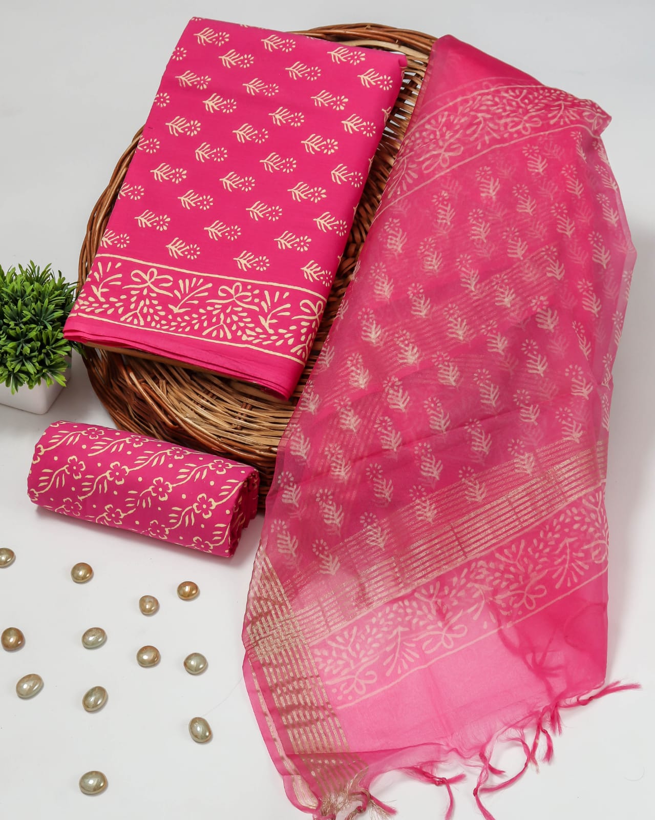 Pure Cotton Unstitched Suit With Organza Silk Dupatta