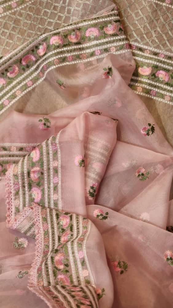 Pure Organza Silk Embroidery Border Buti  Saree With Heavy Blouse