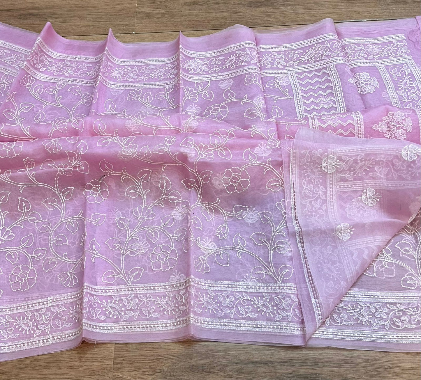 Pure organza silk chikankari work  saree with blouse