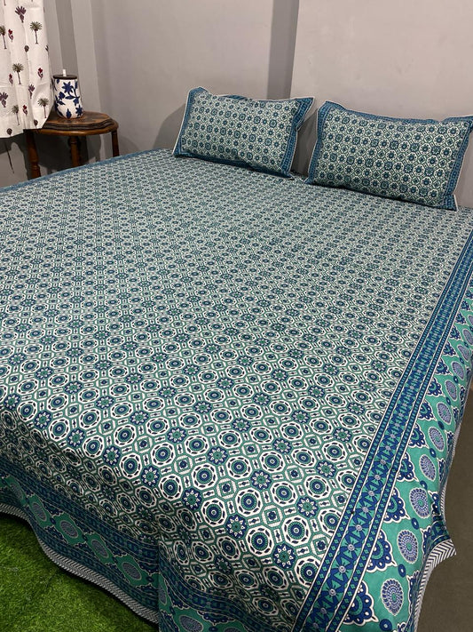 Pure Cotton Hand Block Print Double Bedsheet. ( 90 X 108) with pillow covers