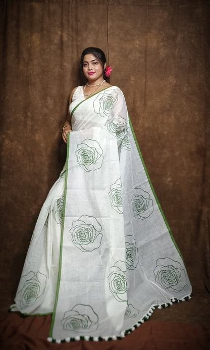 Beautiful Cotton Mulmul Saree With Running Blouse