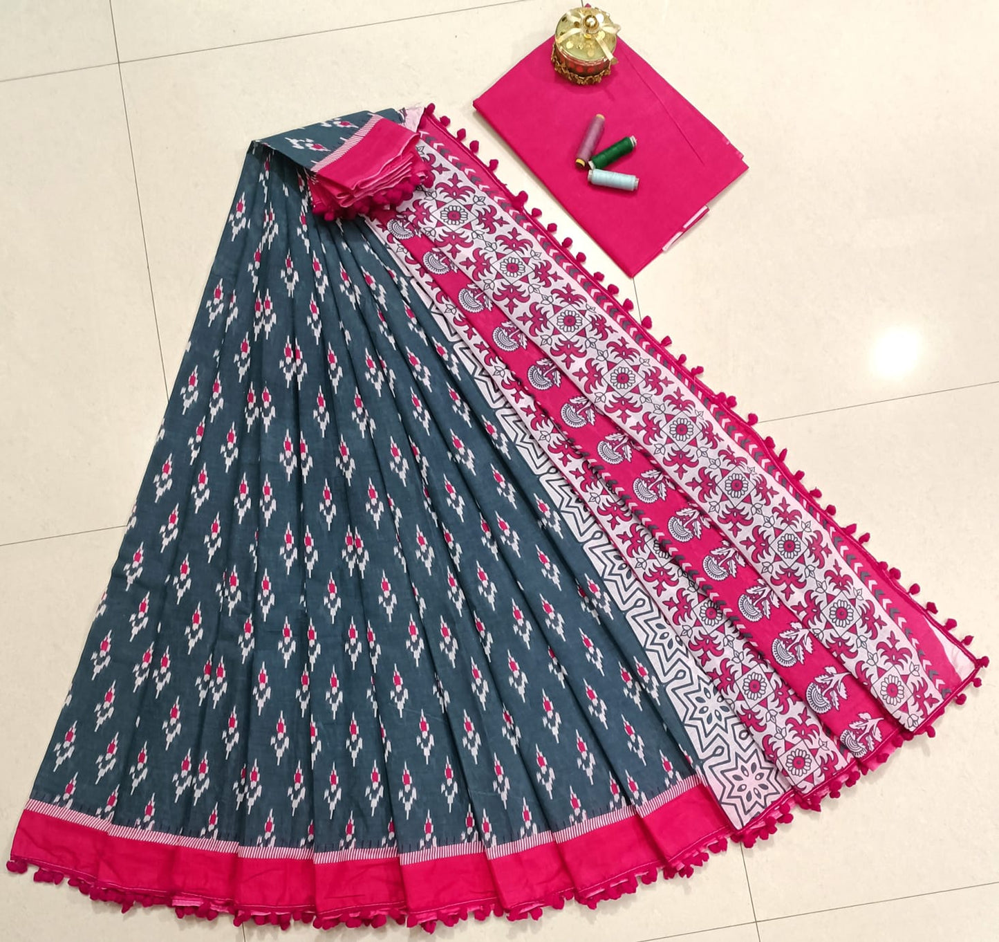 Pure Mulmul Cotton hand block Print Saree with Blouse