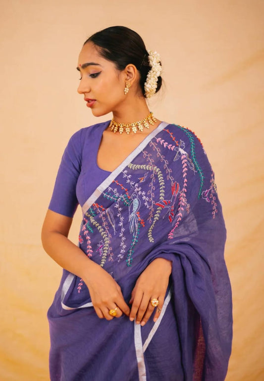 Pure Linen By Linen Embroidery   Saree With  Blouse