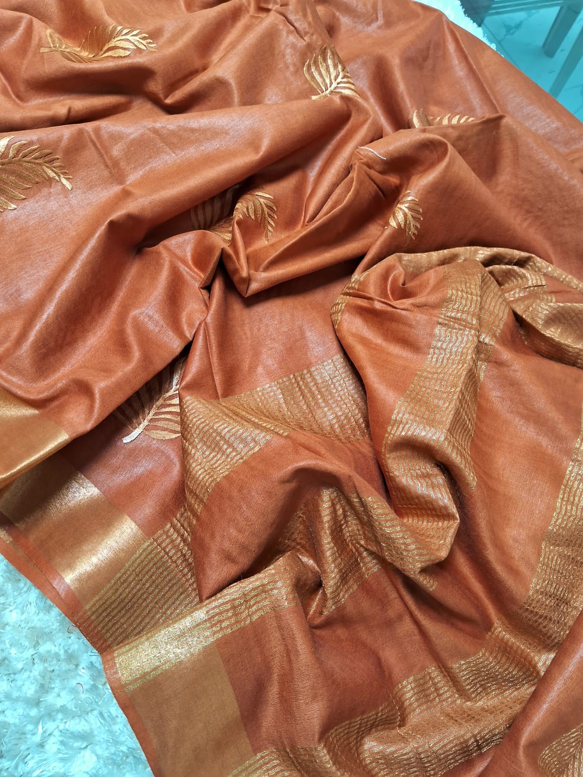 Pure Tussar- Moonga Hand Embroidered Saree With Running Blouse