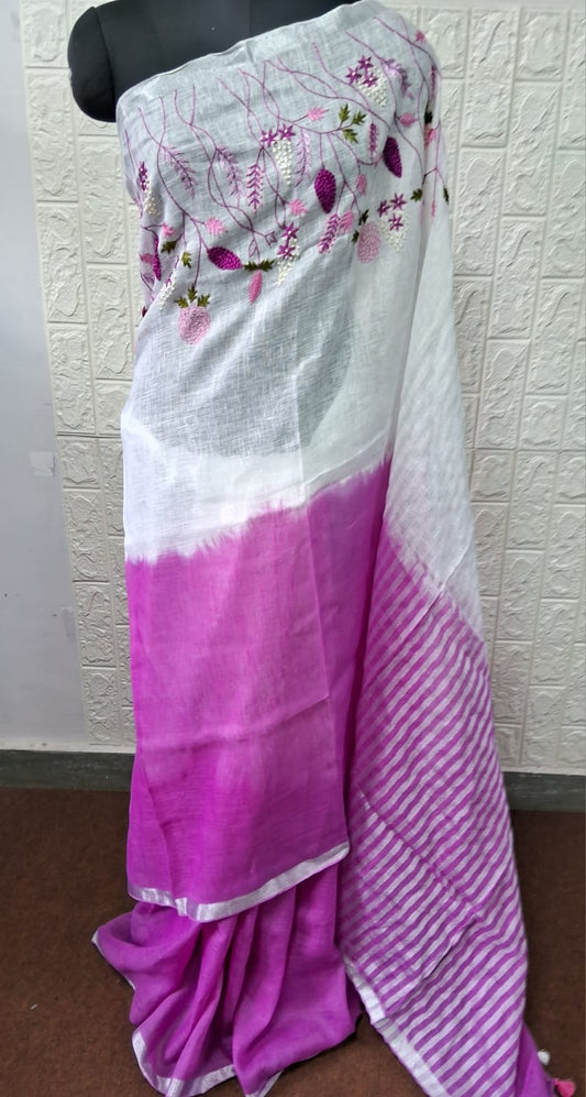 Pure Linen By Linen Embroidery   Saree With  Blouse