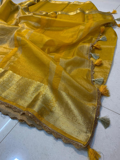 Banarasi Tissue Silk Saree With  Heavy Lace Work Running blouse