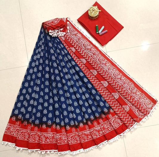 Pure Mulmul Cotton hand block Print Saree with Blouse