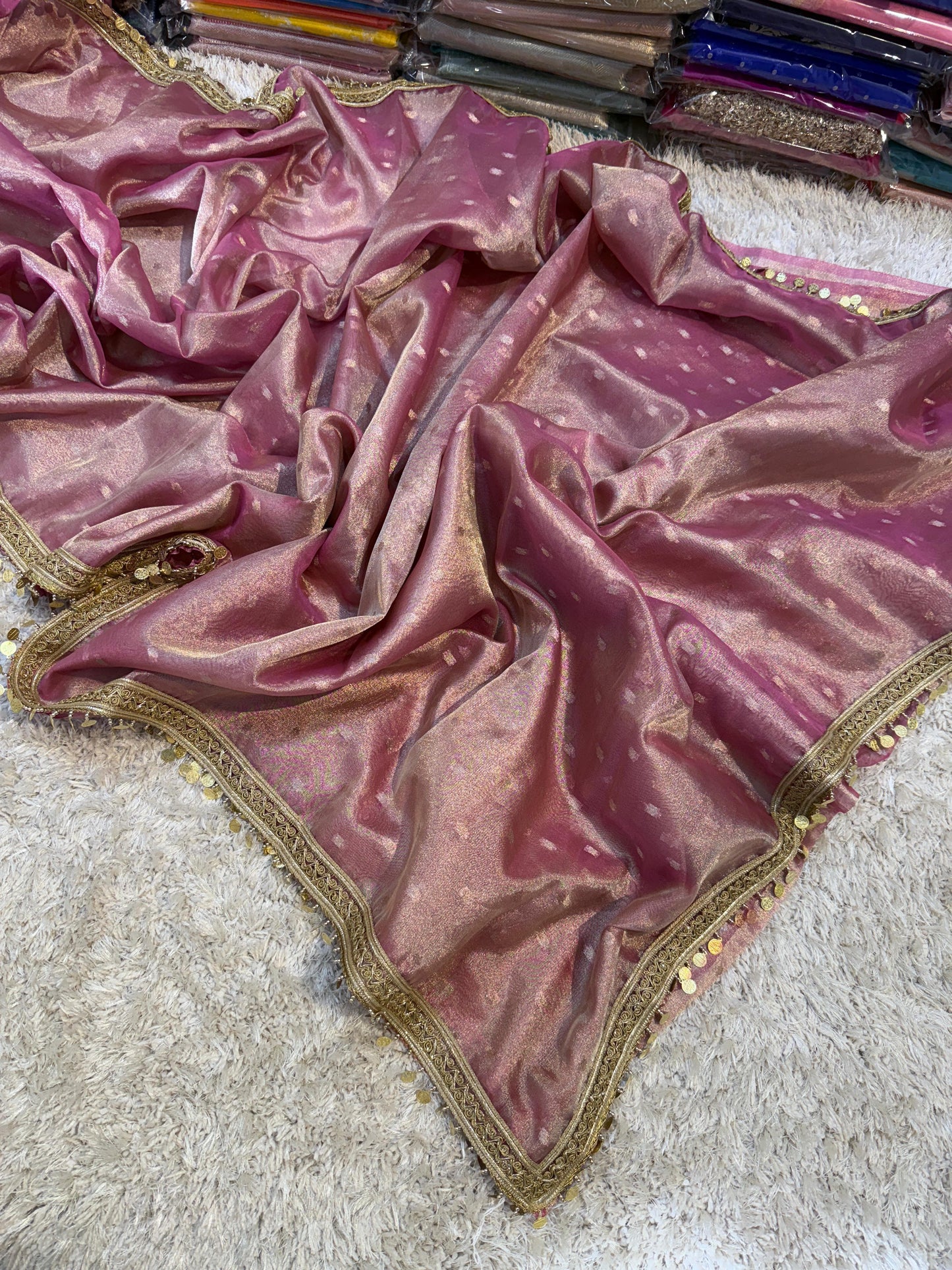 Banarasi Tissue Booti Silk Saree With Coin lace Hand Work