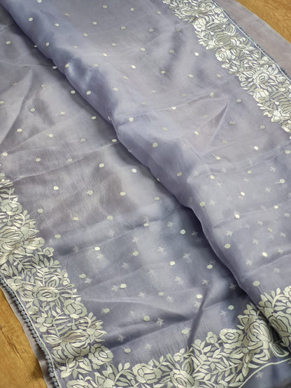 Pure Organza Silk  Parsi Embroidery Work Saree With Heavy Blouse