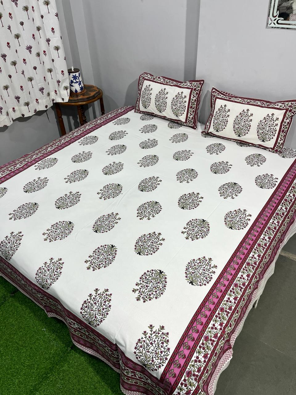 Pure Cotton Hand Block Print Double Bedsheet. ( 90 X 108) with pillow covers